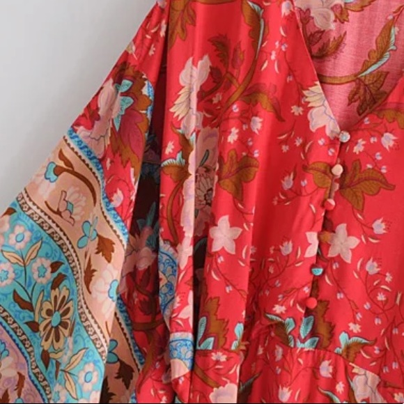 Boho Floral Gypsy Print Maxi Kimono Dress Red - Picture 6 of 11
